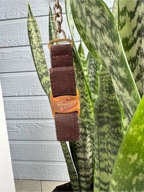Salvatore Ferragamo Brown Grosgrain Ribbon Keychain Bag Charm Gold Tone